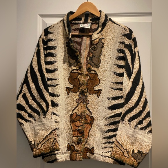Vtg Sugar Street Weavers Coat Animal Print Zebra,Rhino,Camel,Monkey,Giraffe - Picture 1 of 8